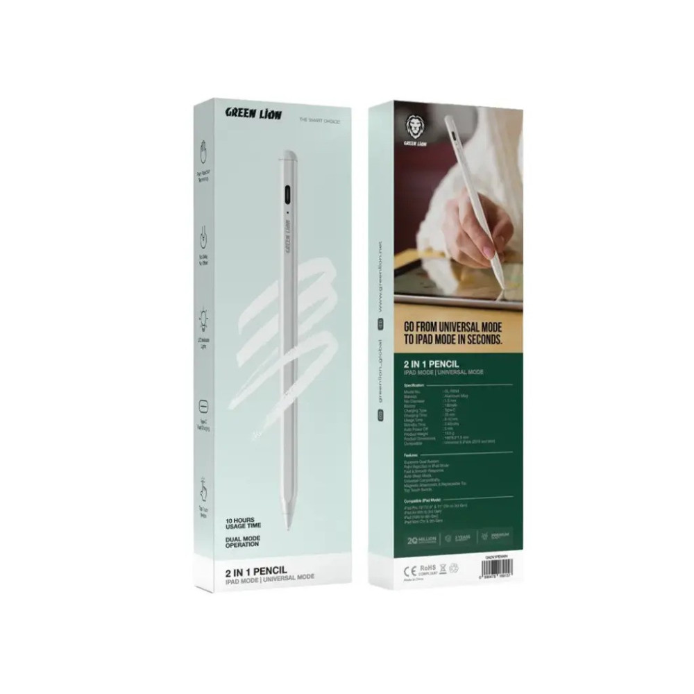 Green Lion 2 in 1 Pencil - White (2)-1000x1000 قلم ايباد جرين ليون - Image 1