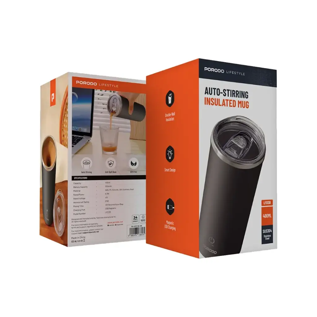 Porodo Lifestyle Auto-Stirring Insulated Mug مج ستانلس ستيل خلاط اسود - Image 1