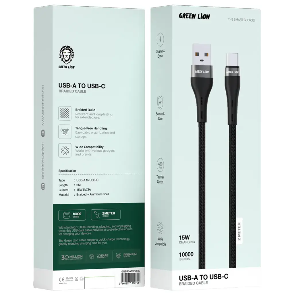 Green Lion USB-A to USB-C Braided Cable - Black كابل USB To USB-C جرين لاين 2متر - الصورة 1
