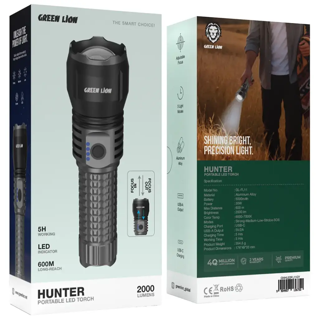 Green Lion Hunter Portable LED Torch - Grey مصباح قوي جرين ليون - Image 1