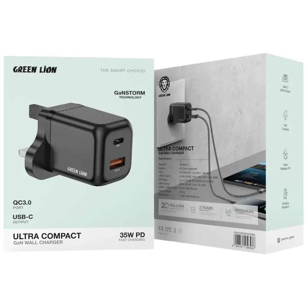 Green Lion Ultra Compact Gan Wall Charger 35W - Black بلك مع كيبل ايفون 35 واط جرين ليون - Image 1