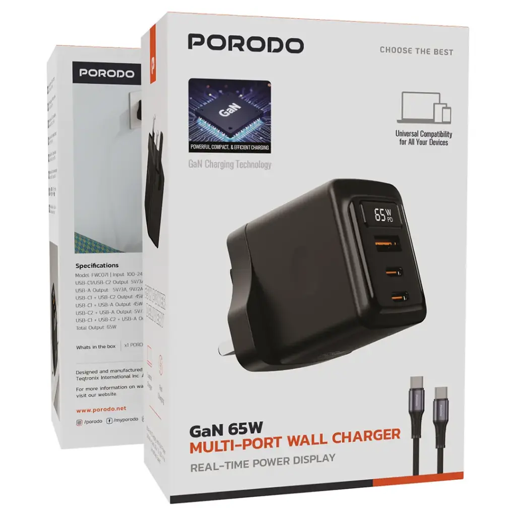 Porodo GaN 65W Multi-Port Wall Charger (5) بلك مع واير 65 واط بورودو - الصورة 1