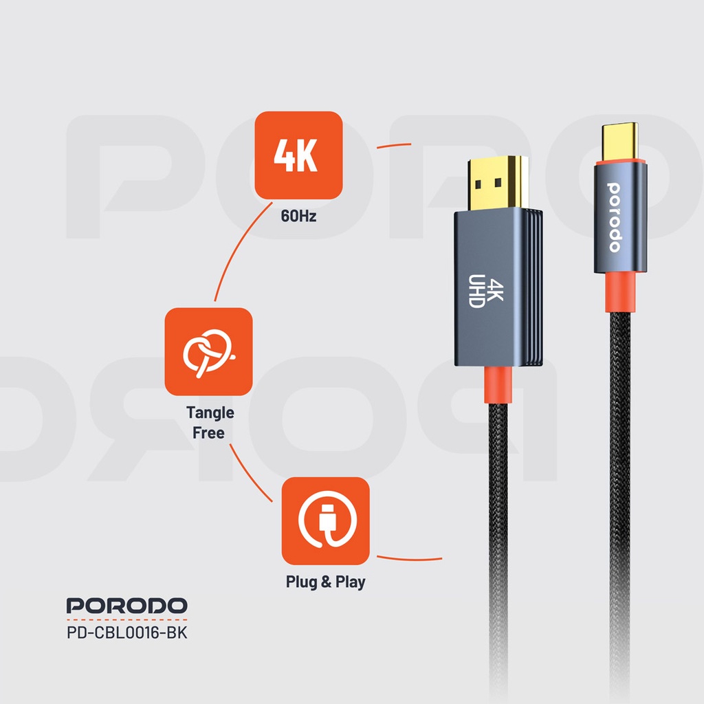 Porodo Woven Cable Type-C to HDMI - Black كابل HDMI الى تايب سي بورودو - الصورة 1